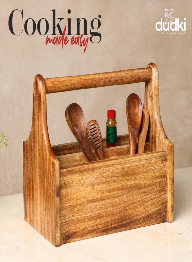 dudki Wooden Cutlery Holder | Spoon Stand for Dining Table | Cutlery holder | caddy organizer for kitchen storage spoons forks knifes tissue paper Dispenser | Mango Wood 4 Section - Image 5